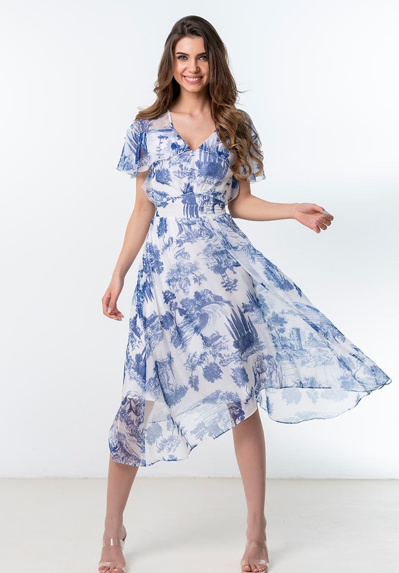 Rochie midi din voal cambrata in talie