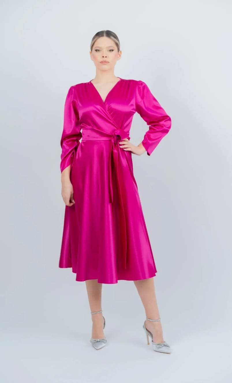 Rochie midi din satin fuchsia