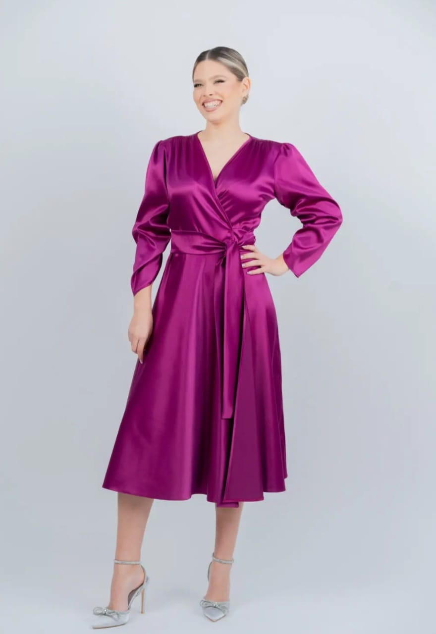 Rochie midi din satin magenta 