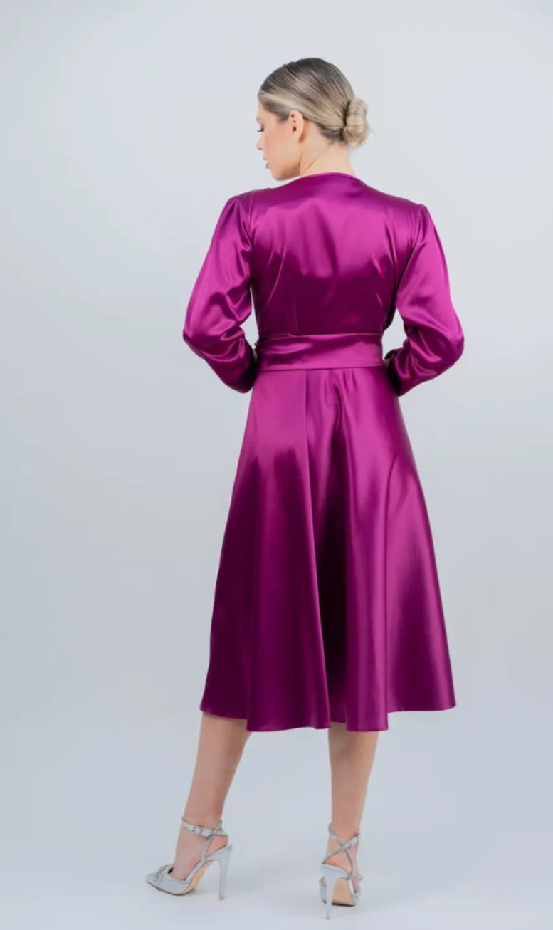 Rochie midi din satin magenta 