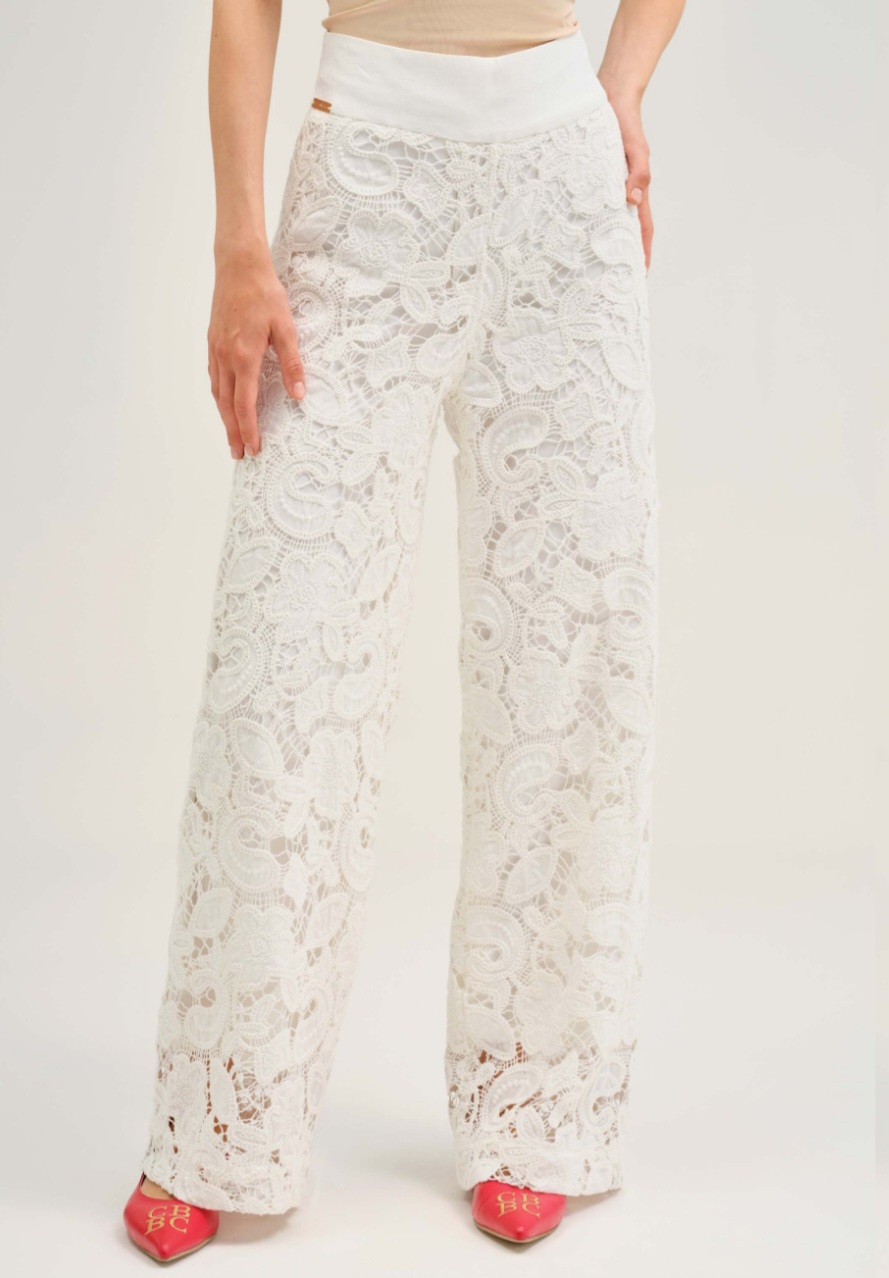 Pantaloni wide-leg din dantelă brodată 