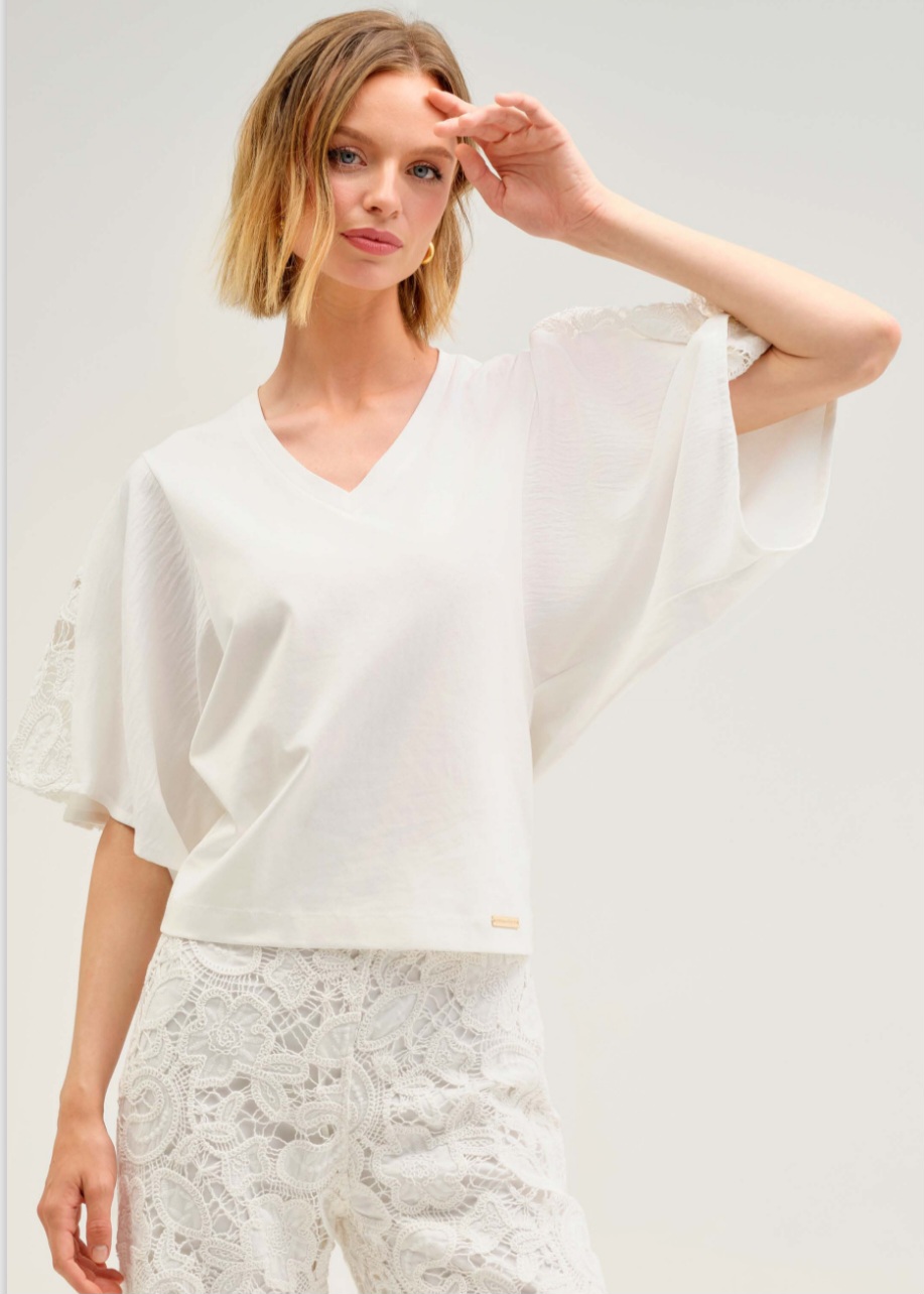 Bluză cu decolteu în V și detalii din dantelă 