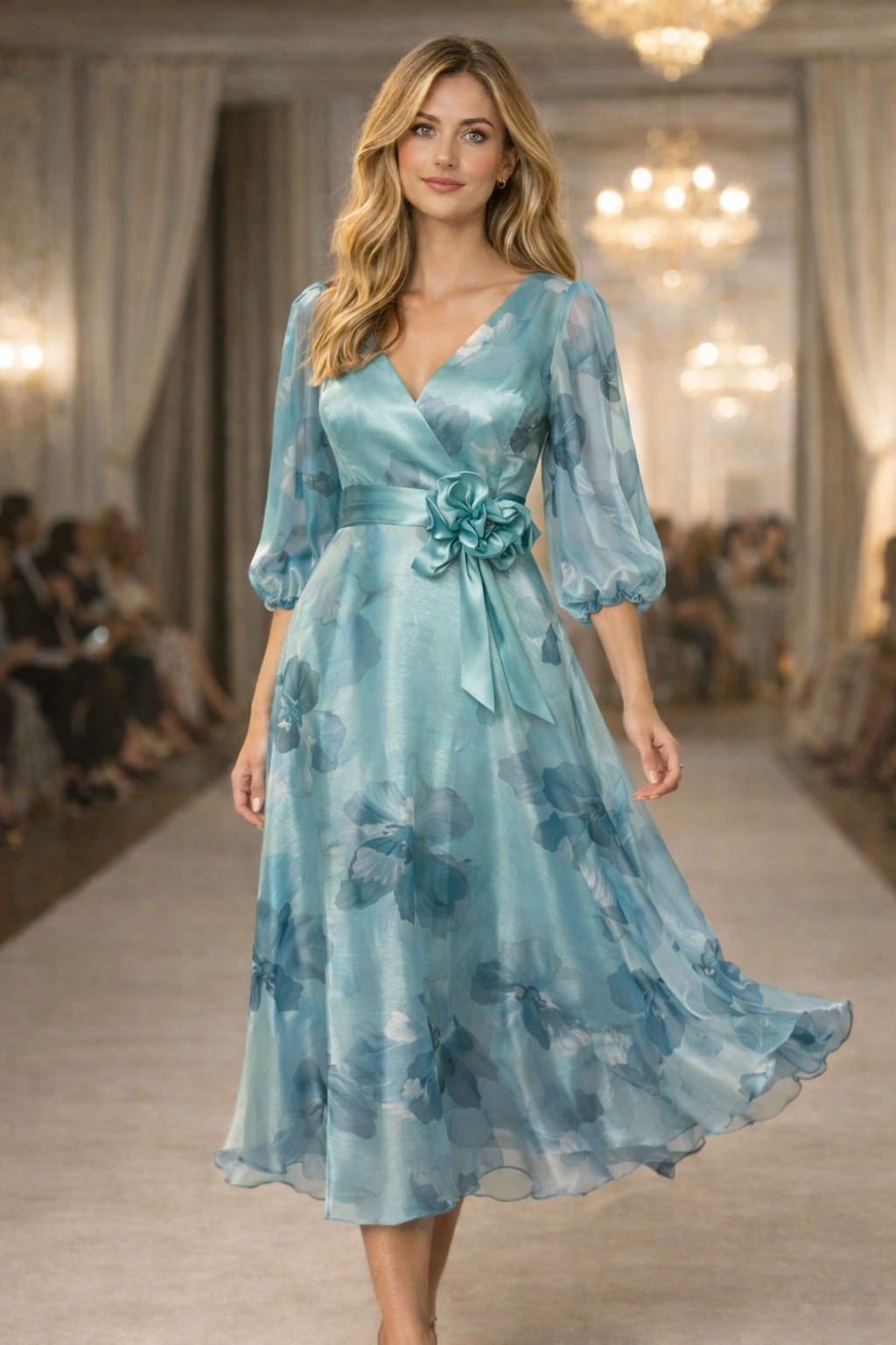 Rochie midi din organza satinată bleu azur