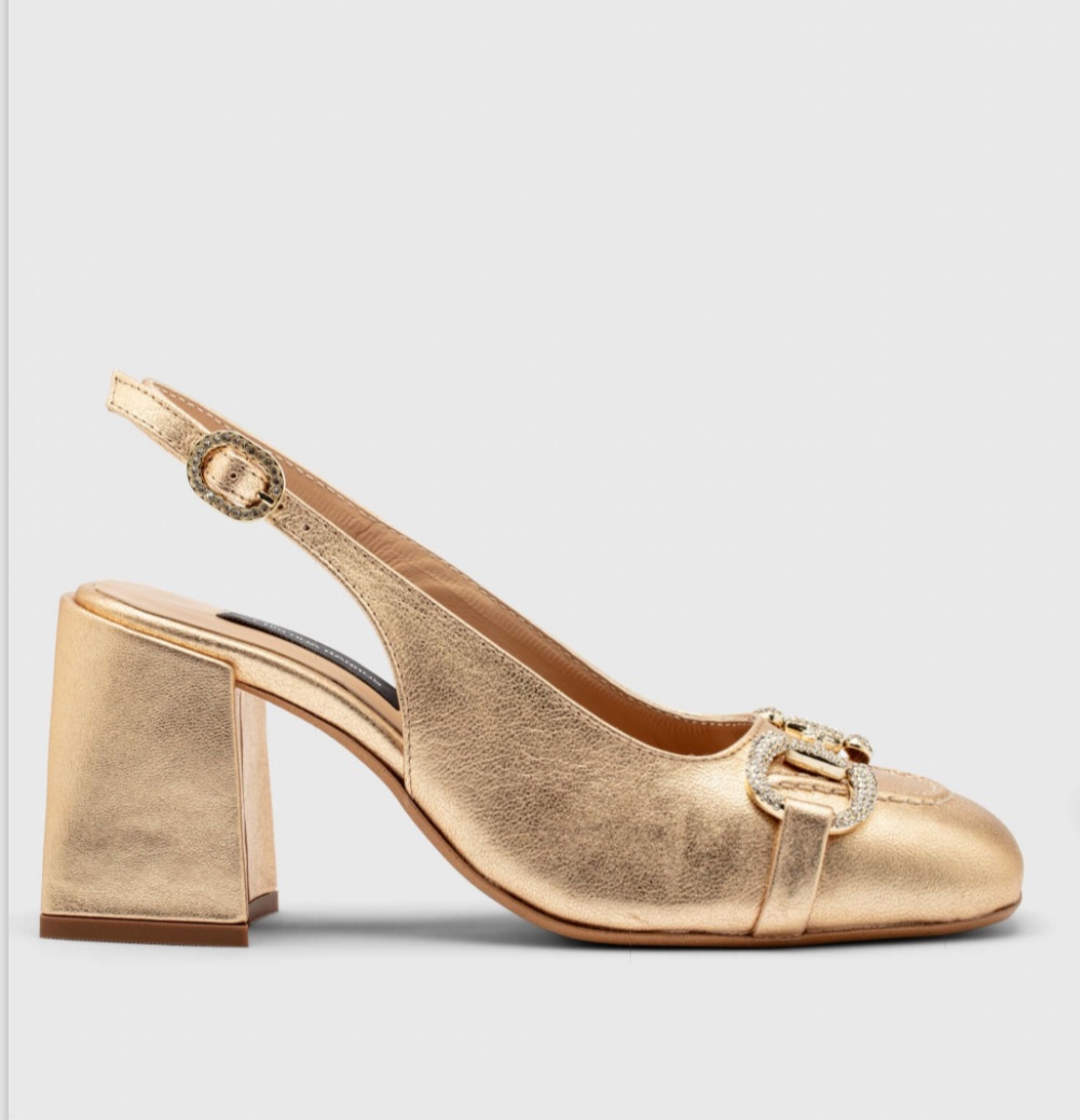  Pantofi Slingback – Piele Texturată Aurie cu Detaliu Bijuterie