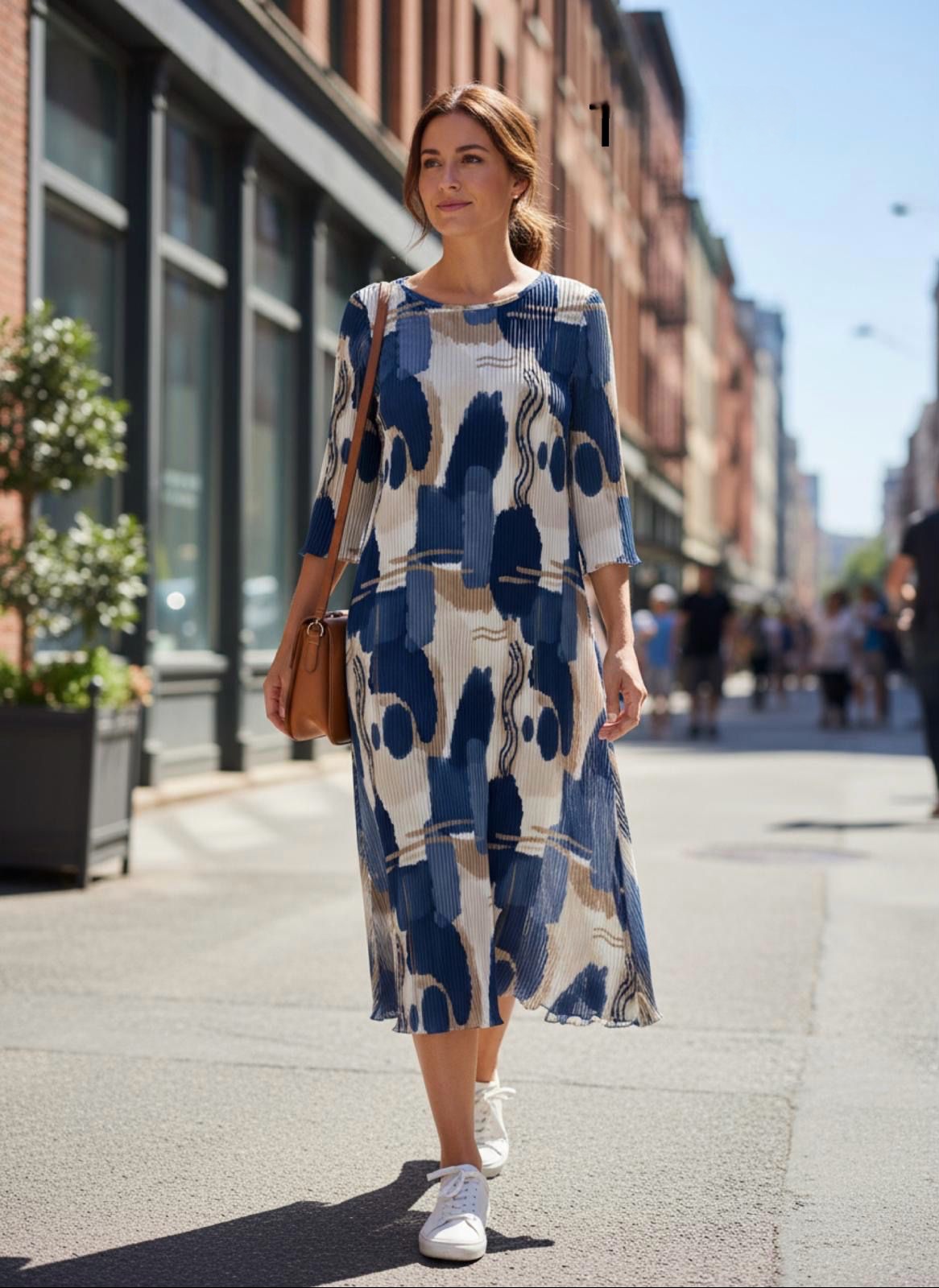 Rochie Midi Plisată cu Imprimeu Abstract 