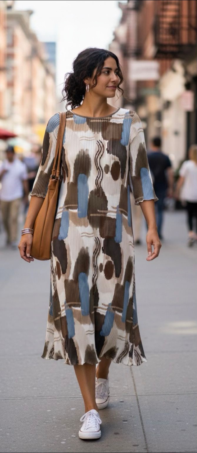 Rochie Midi Plisată cu Imprimeu Abstract