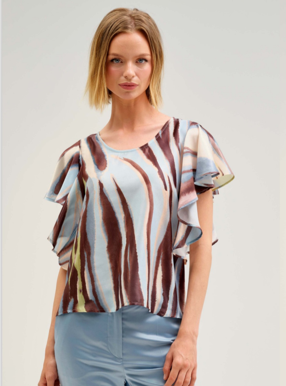 Bluză cu Imprimeu Abstract și Mâneci Volante