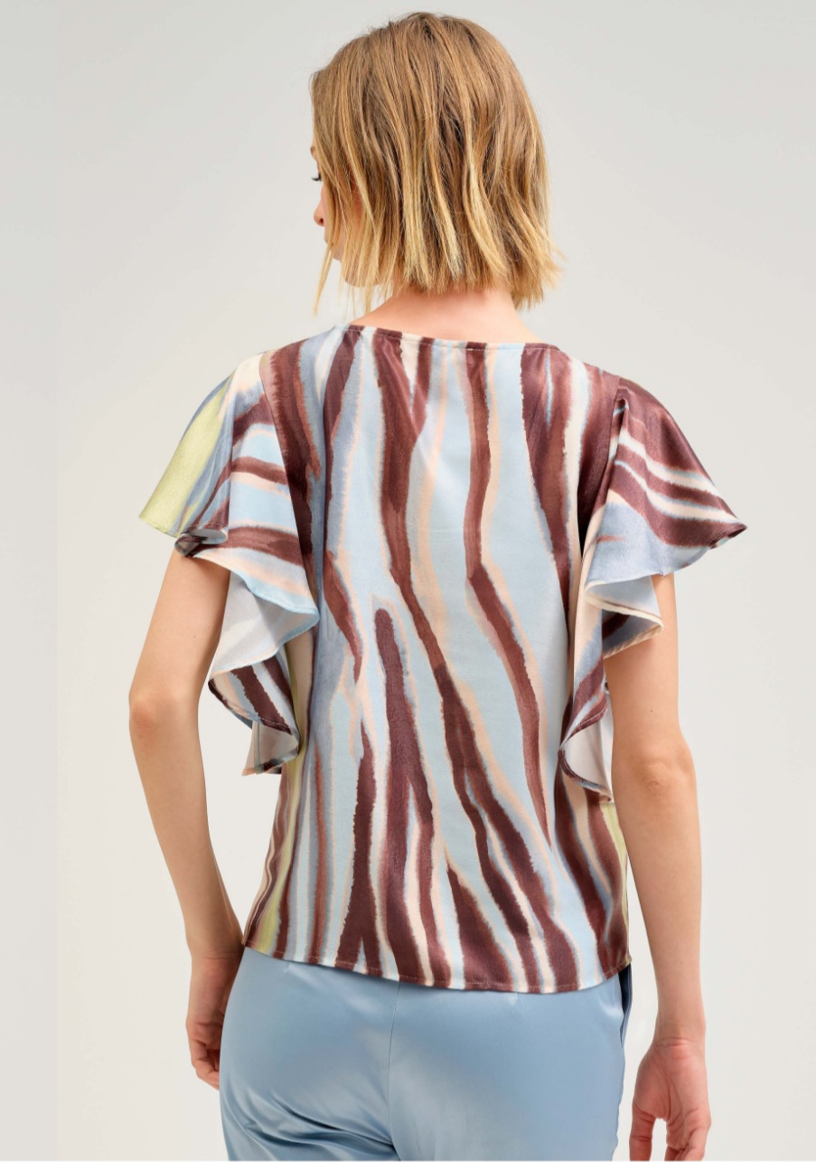 Bluză cu Imprimeu Abstract și Mâneci Volante