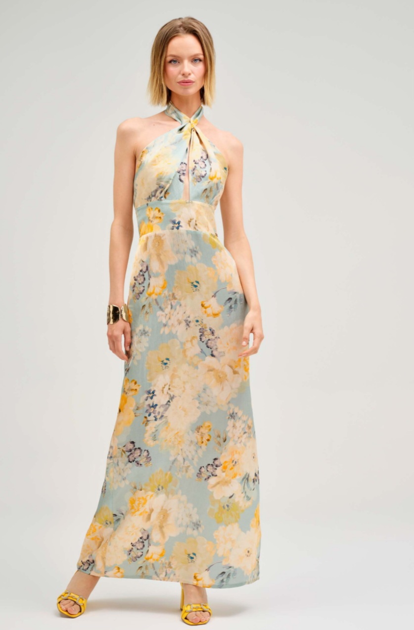  Rochie Lungă cu Imprimeu Floral și Spate Gol- Eleganță de Gală 