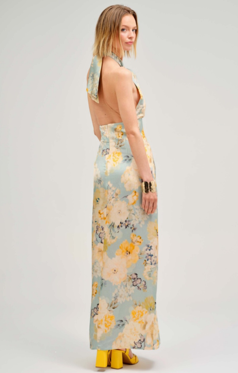  Rochie Lungă cu Imprimeu Floral și Spate Gol- Eleganță de Gală 