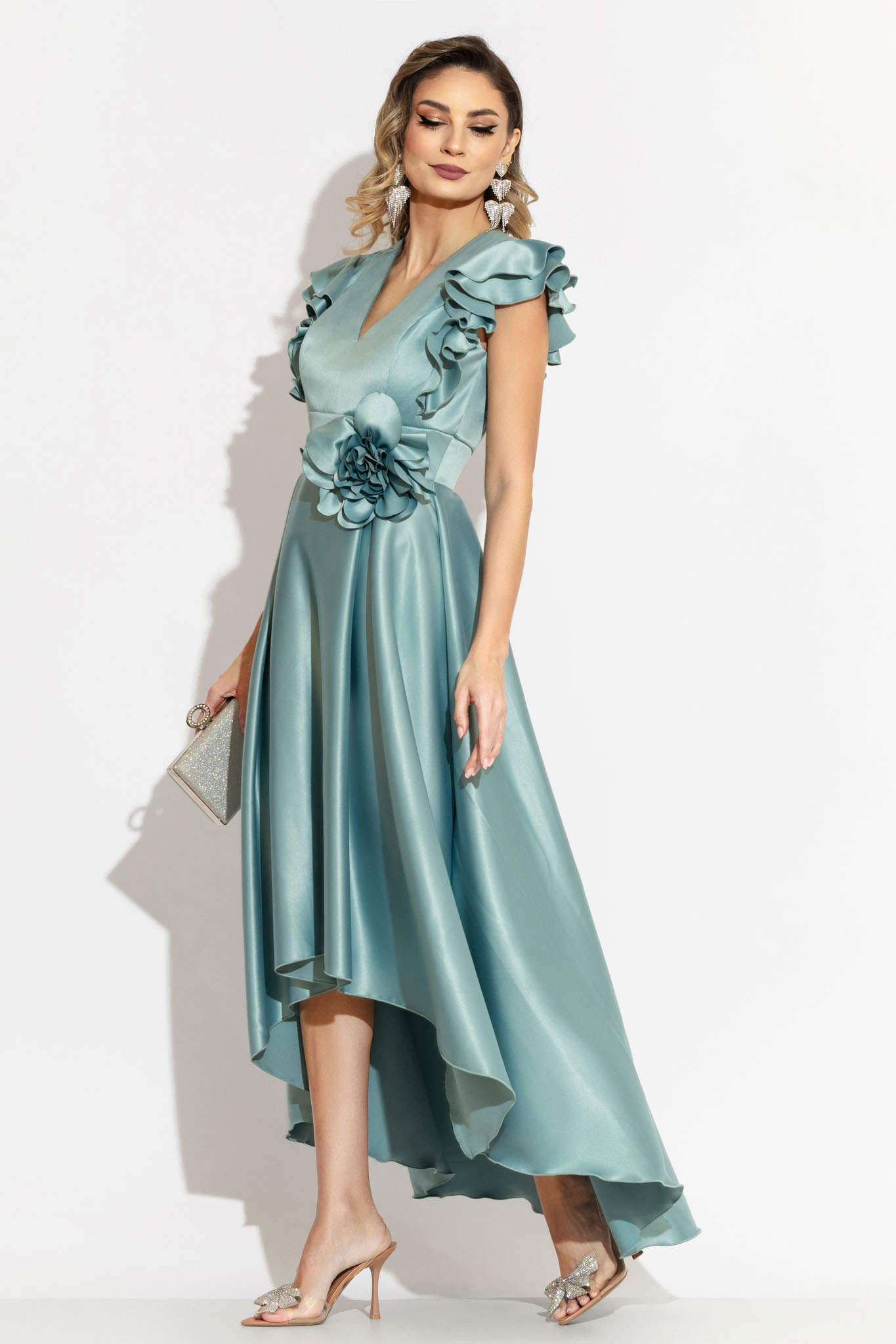Rochie de Ocazie Asimetrică din Satin cu Detaliu Floral 3D 