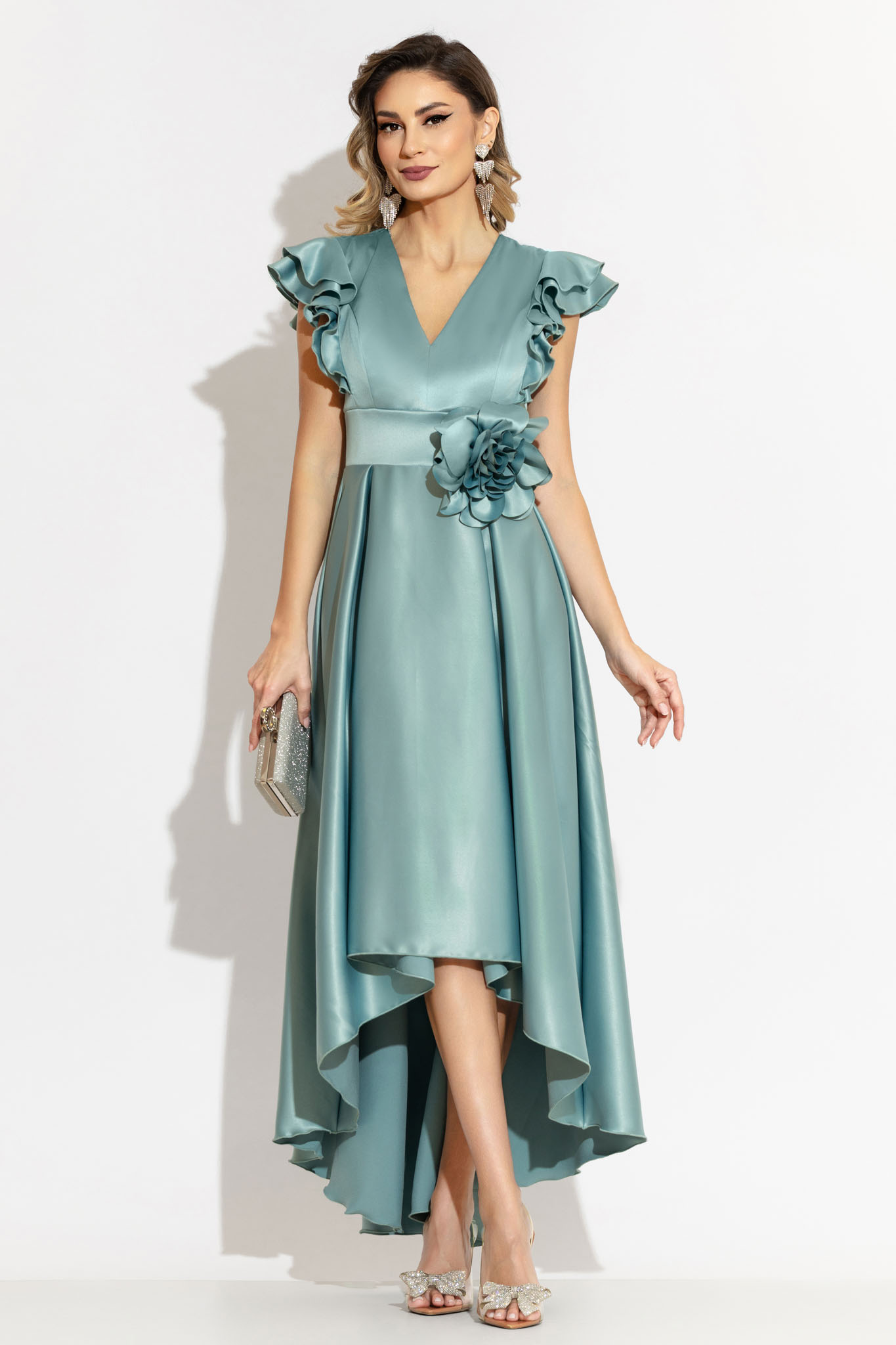Rochie de Ocazie Asimetrică din Satin cu Detaliu Floral 3D 