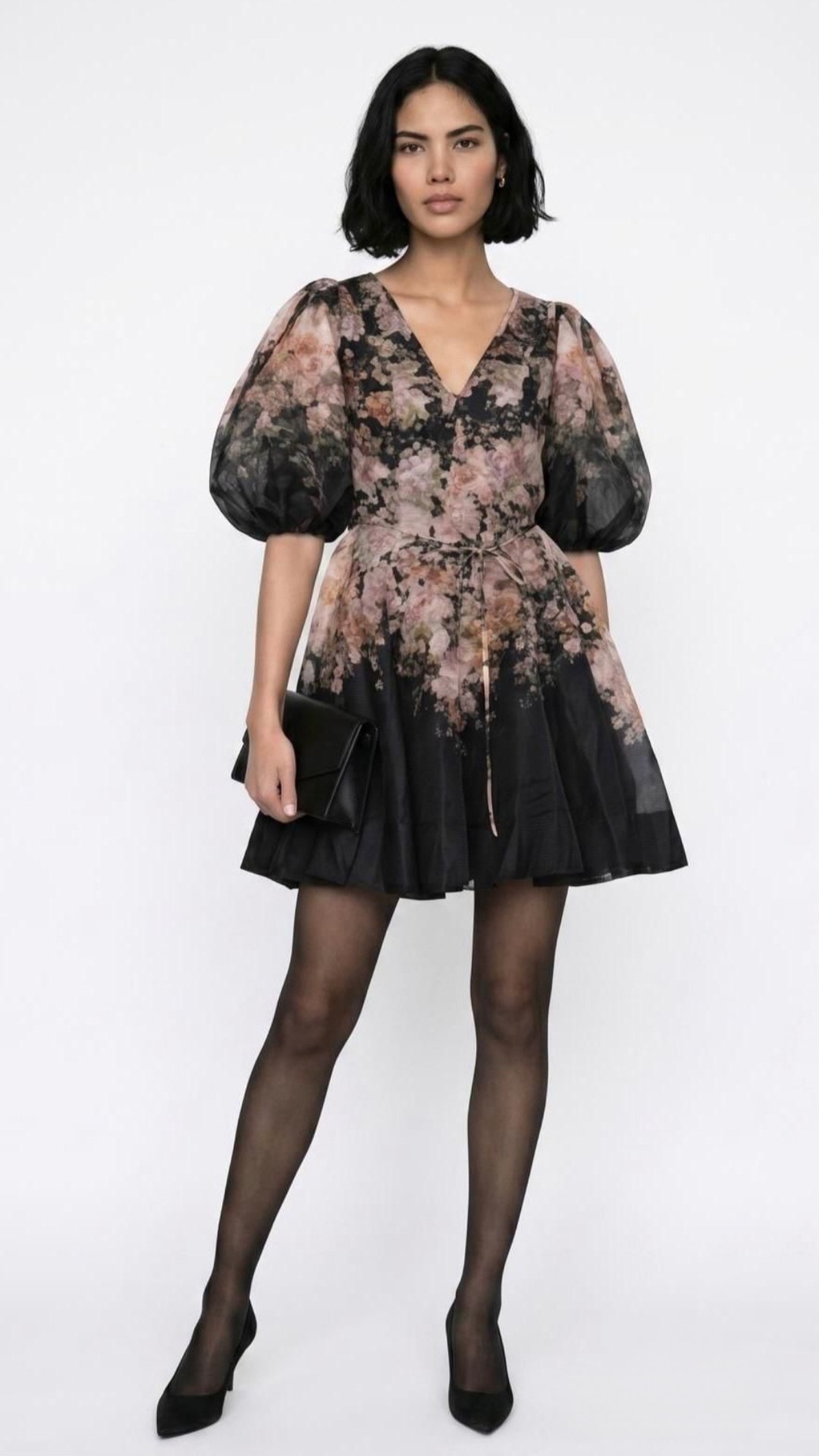 Rochie Mini din Organza cu Imprimeu Floral și Mâneci Bufante