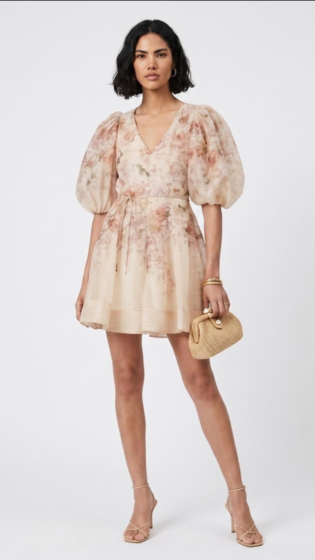 Rochie Mini din Organza cu Imprimeu Floral și Mâneci Bufante