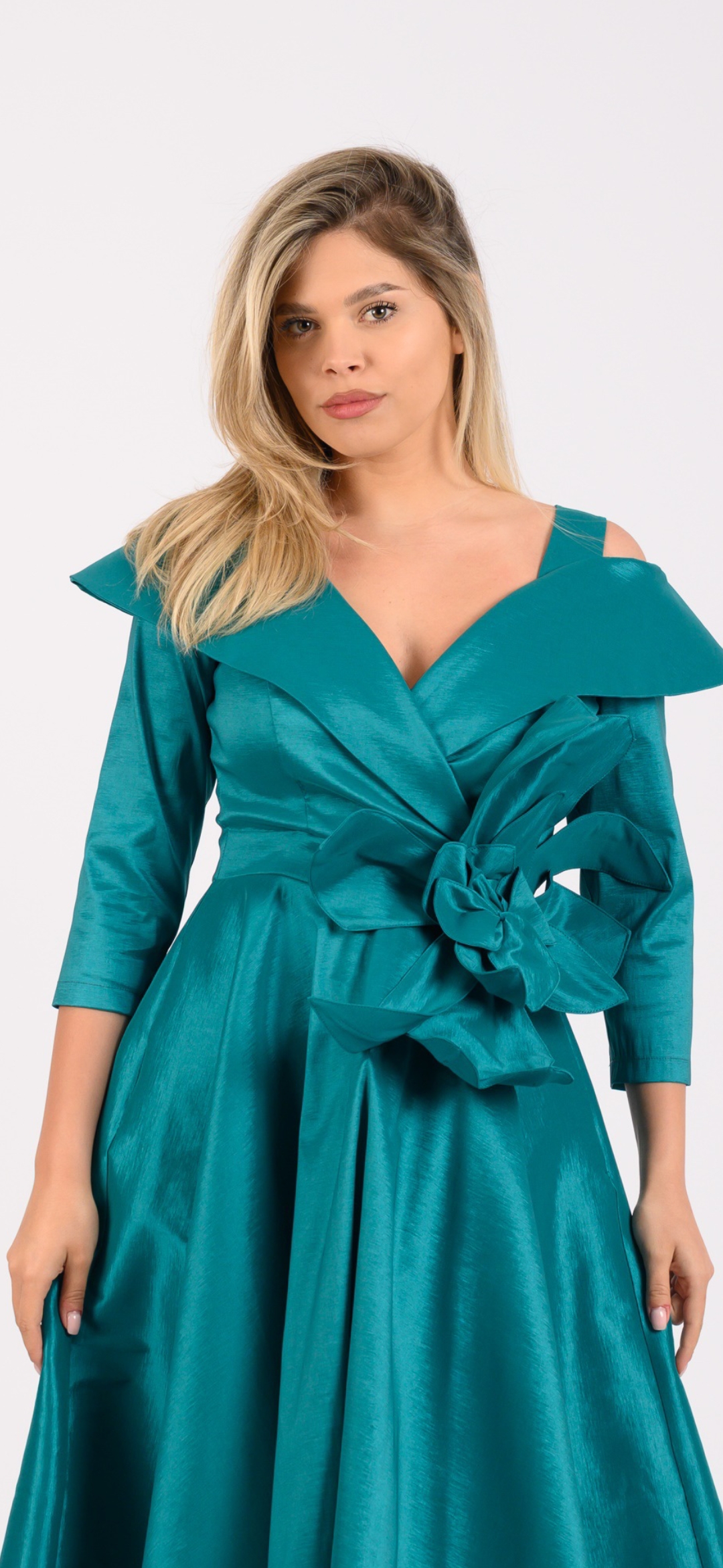 Rochie de Ocazie Alizée – Verde Turcoaz cu Detaliu Floral 3D