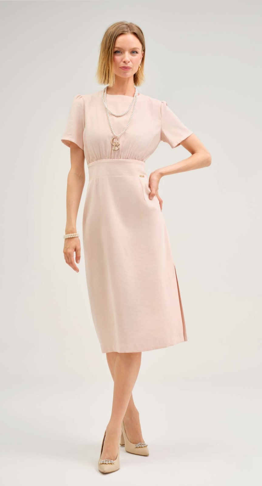 Rochie Midi Elegantă Roz Pudră 