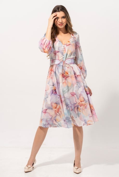 Rochie Florală Lila – Eleganță Vaporoasă