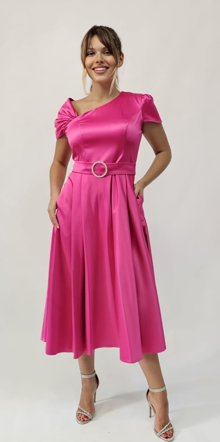 Rochie Midi Elegantă Din Satin Roz Fuchsia Cu Cordon 