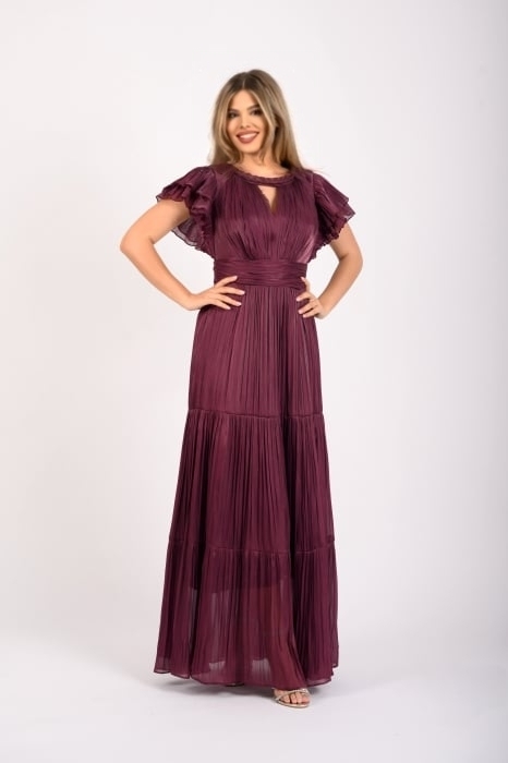 Rochie Lungă Elegantă Plisată cu Mâneci Volănașe