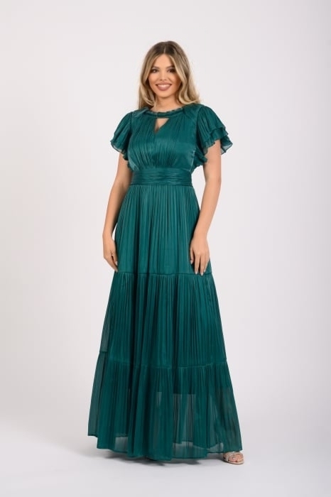 Rochie Lungă Elegantă Plisată cu Mâneci Volănașe