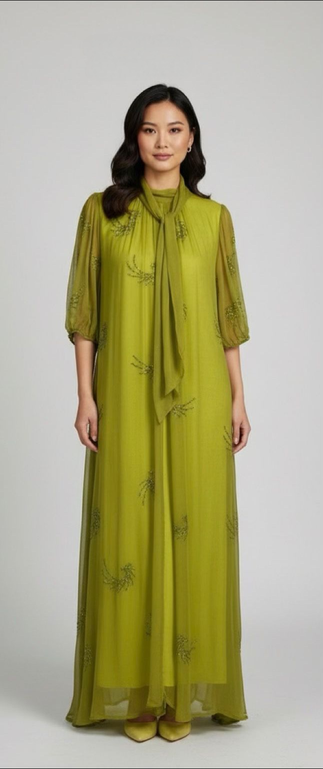 Rochie Premium din Mătase Naturală Verde și Detalii Brodate