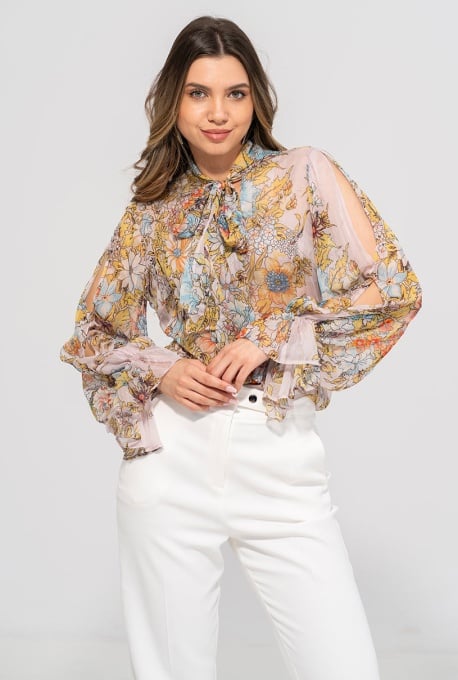 Bluză Eleganta cu Imprimeu Floral și Guler Eșarfă