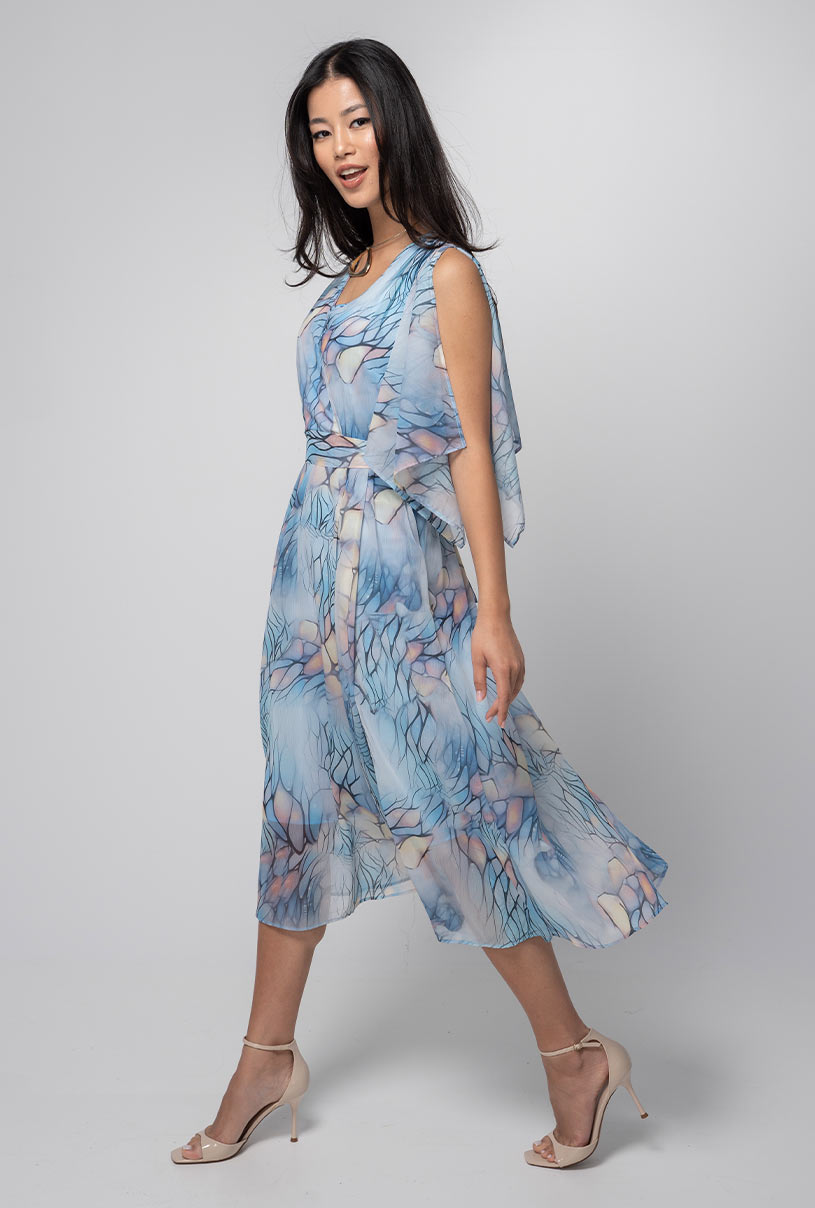 Rochie Midi Vaporoasă din Voal cu Imprimeu Abstract 