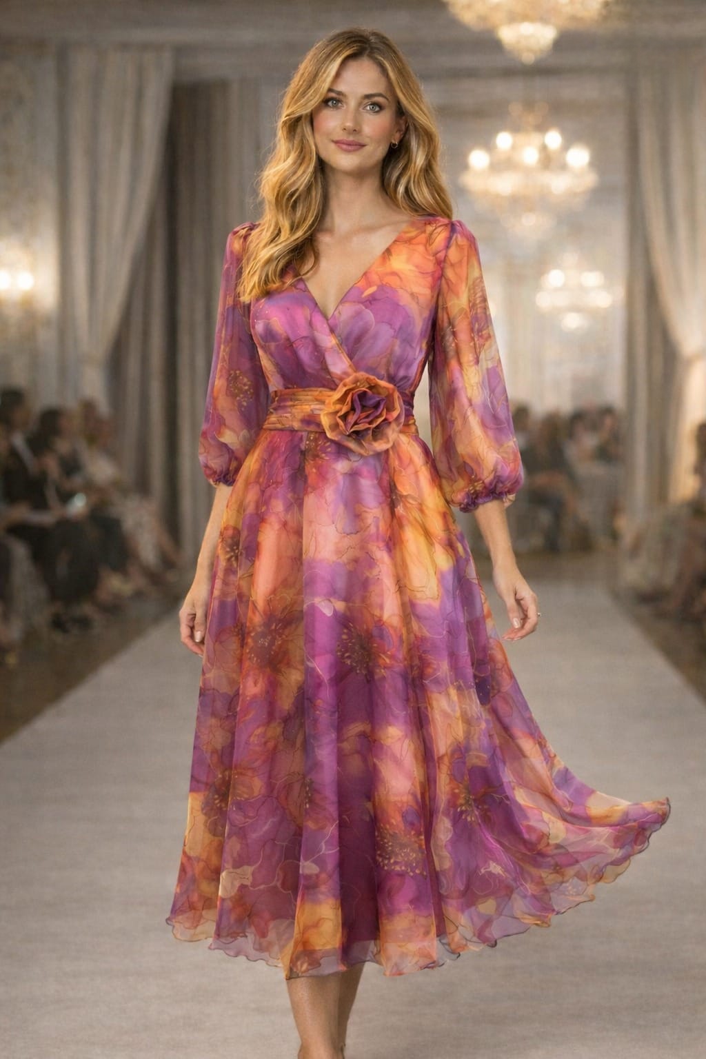 Rochie Midi Elegantă din Voal cu Imprimeu Floral 