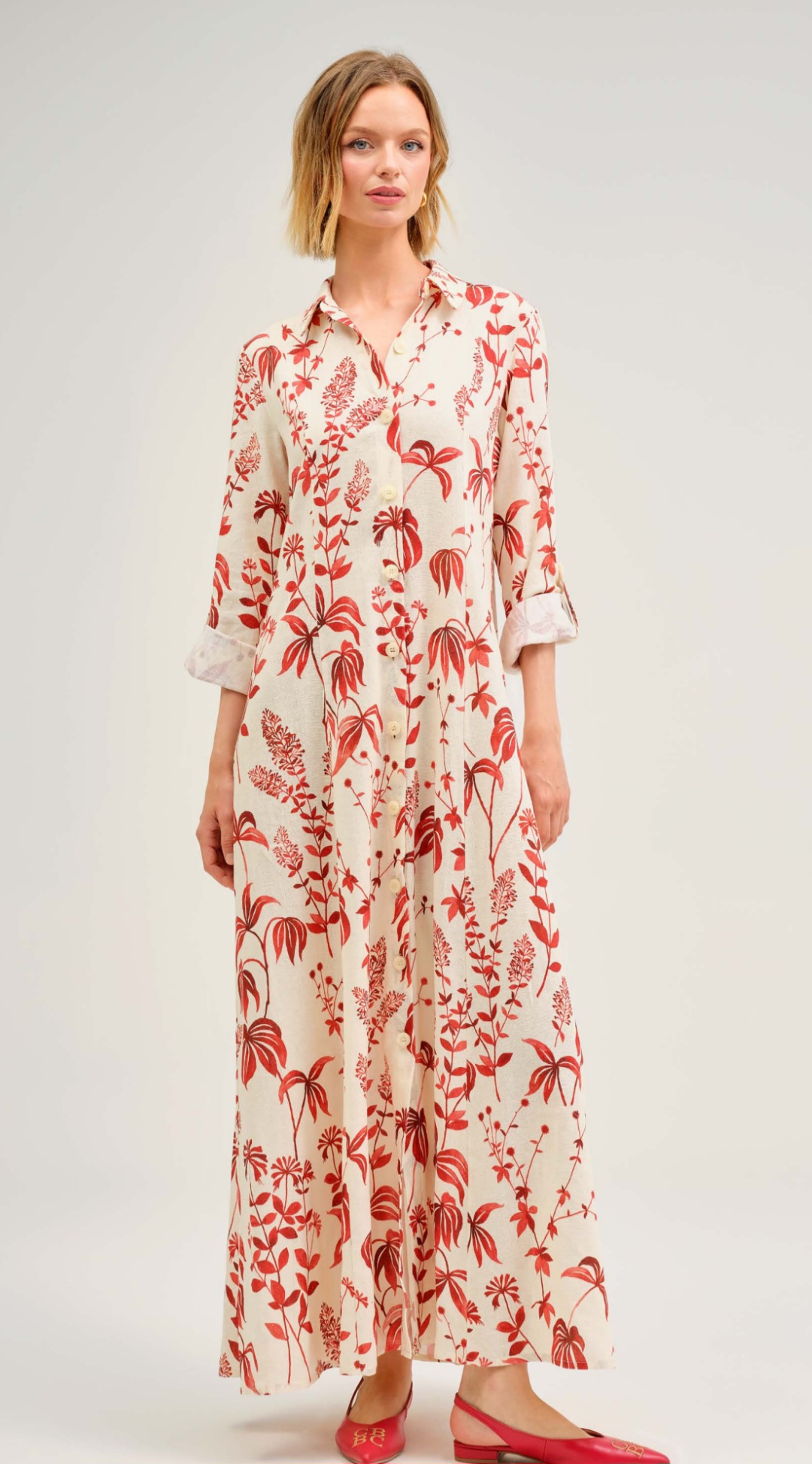 Rochie Cămașă Maxi cu Imprimeu Floral Roșu