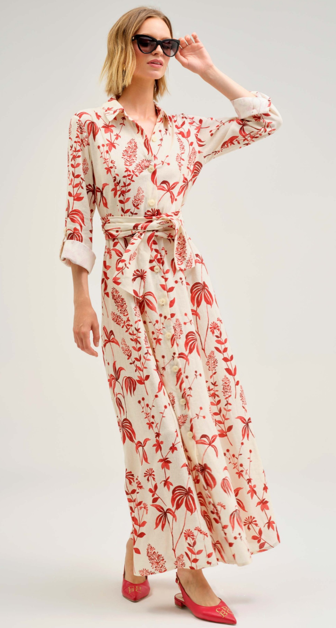 Rochie Cămașă Maxi cu Imprimeu Floral Roșu