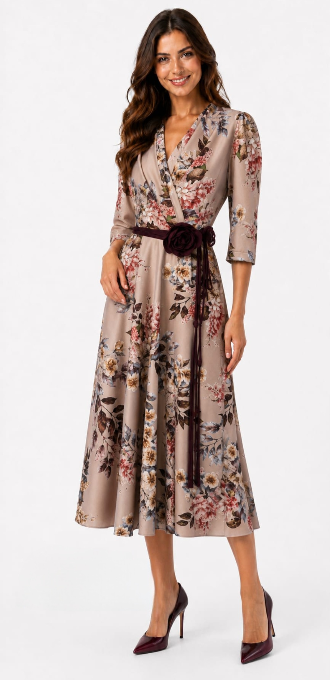 Rochie Midi Cloș cu Imprimeu Floral și Cordon cu Trandafir 3D