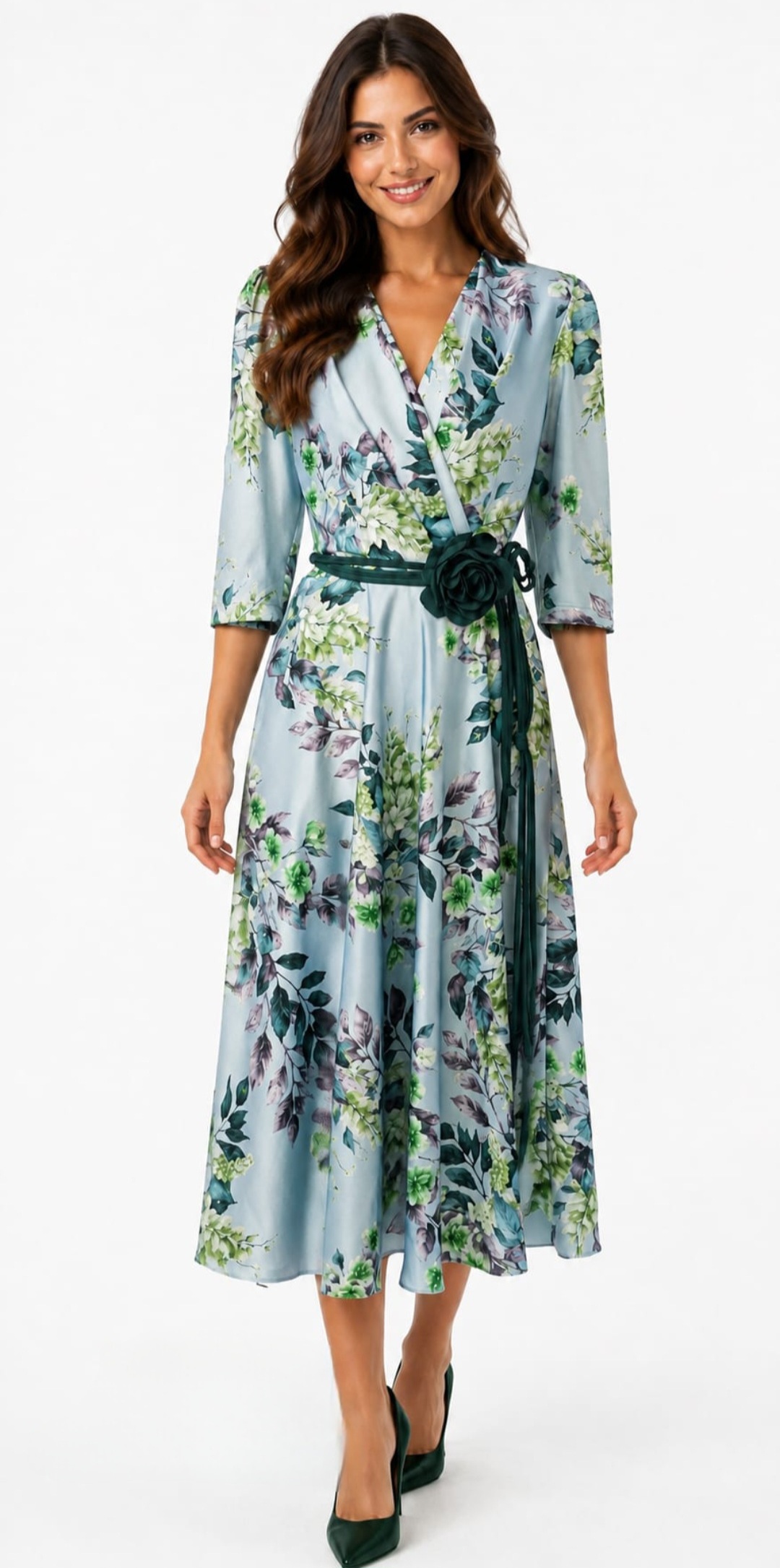Rochie Midi Cloș cu Imprimeu Floral și Cordon cu Trandafir 3D