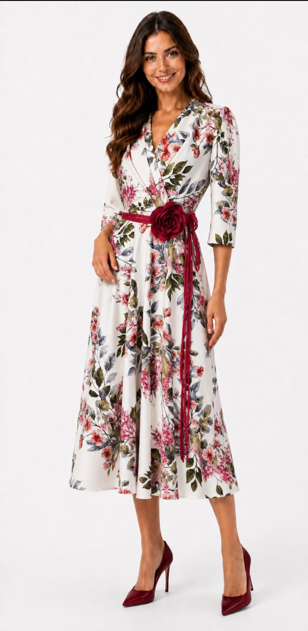 Rochie Midi Cloș cu Imprimeu Floral și Cordon cu Trandafir 3D