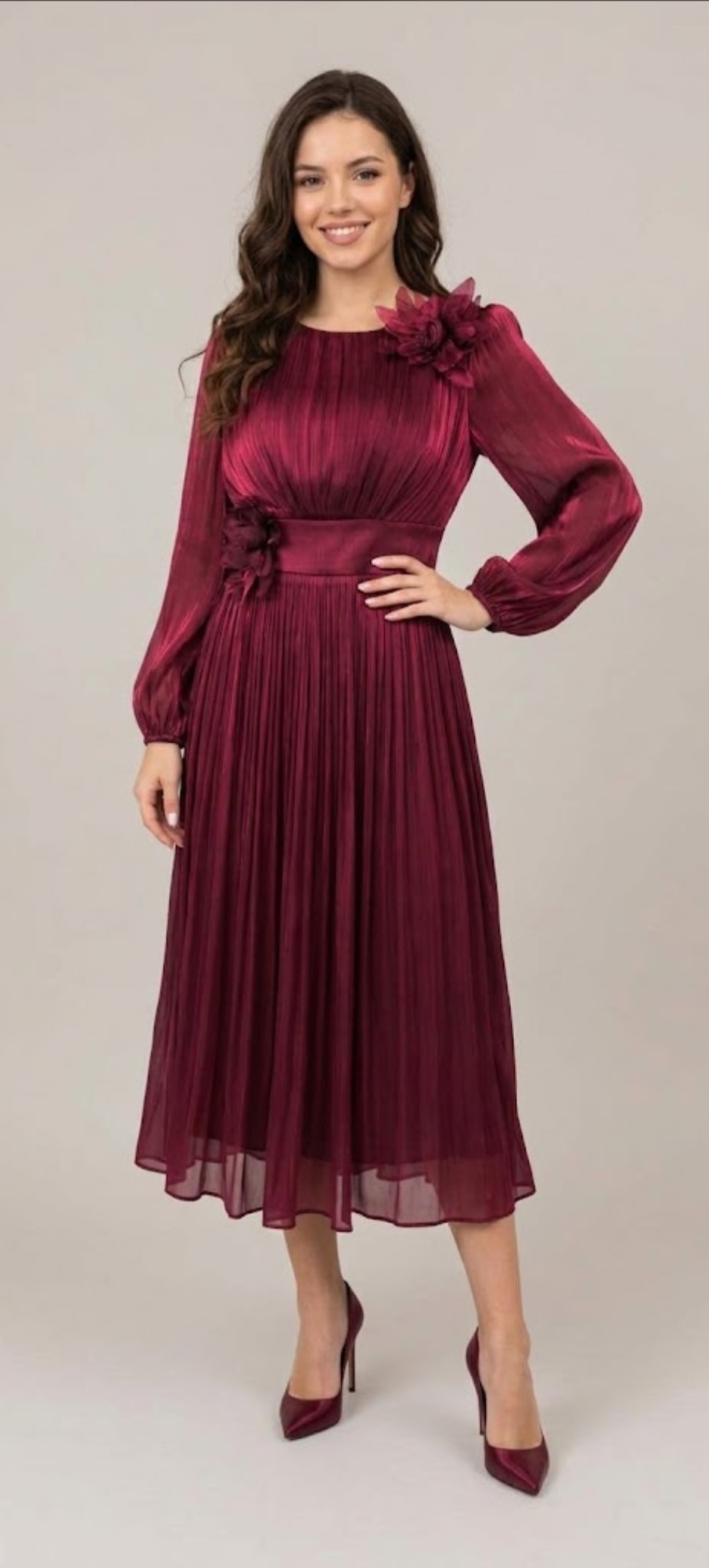 Rochie Elegantă Midi Plisată Vișinie
