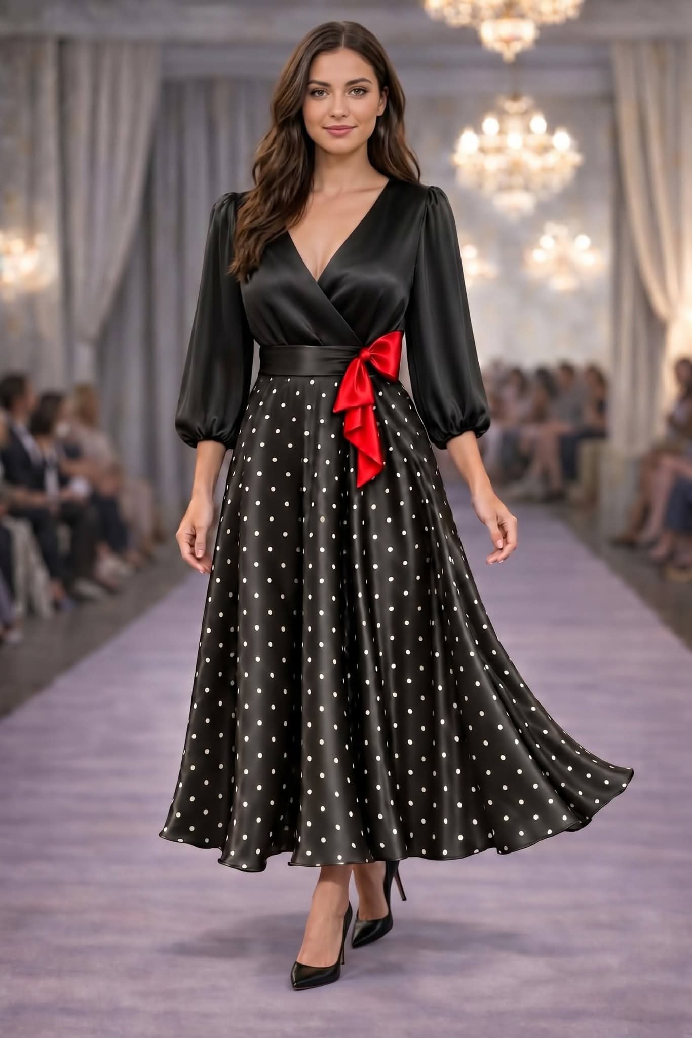 Rochie Midi din Satin Negru cu Imprimeu Polka Dots și Fundă Roși