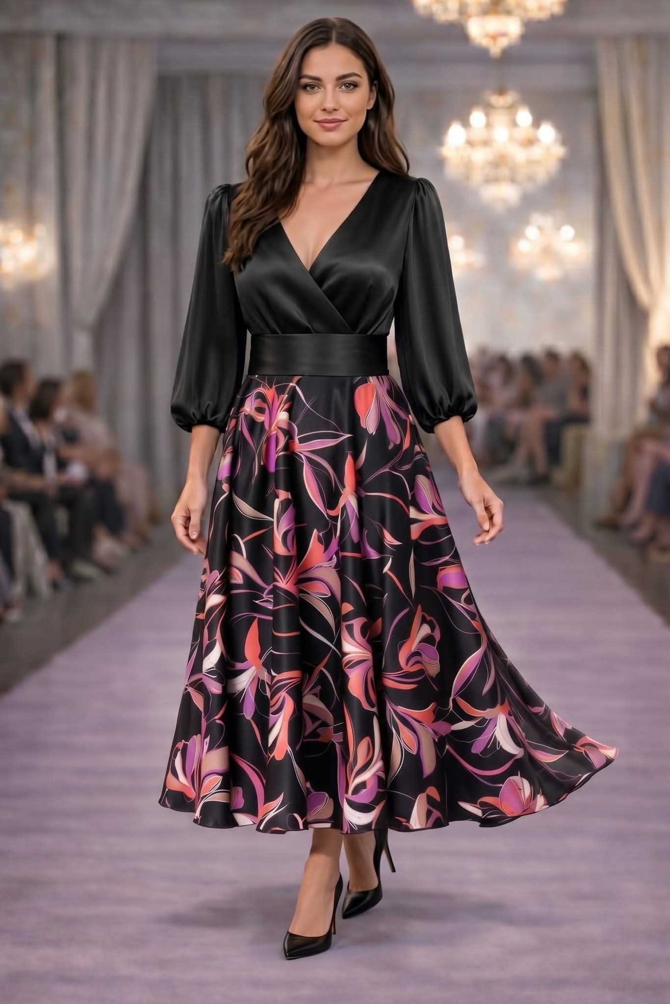 Rochie Midi Elegantă cu Top Satinat și Fustă Cloș cu Imprimeu 