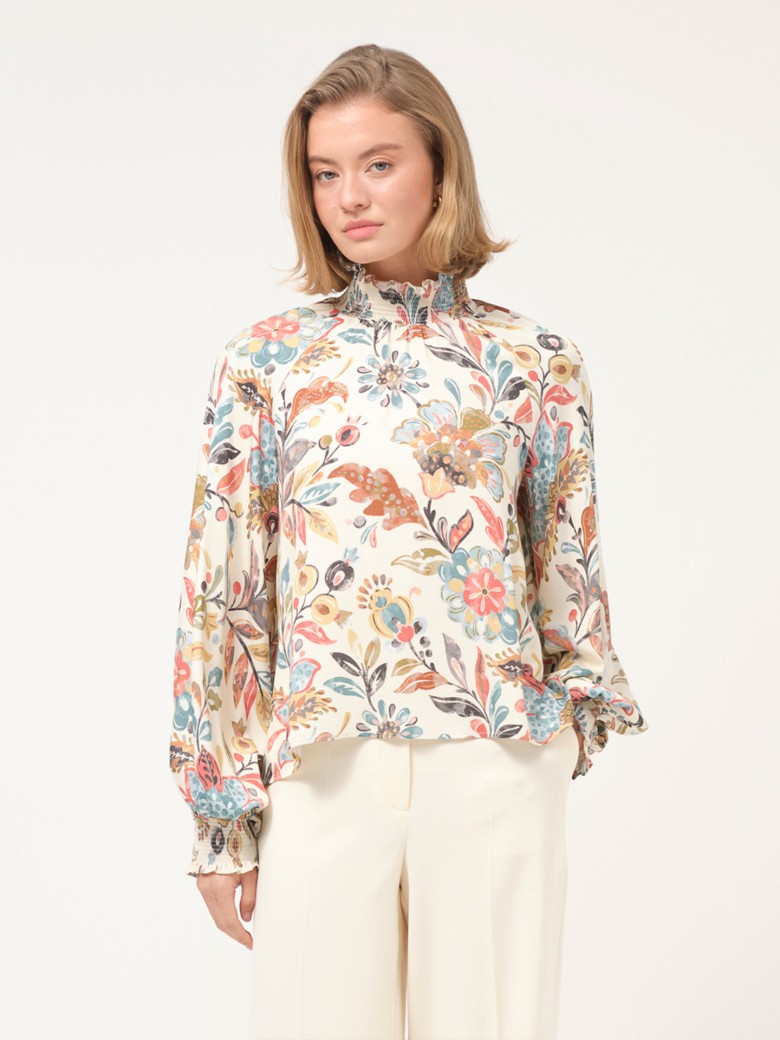 Bluză Elegantă din Vâscoză cu Imprimeu Floral și Guler Încrețit