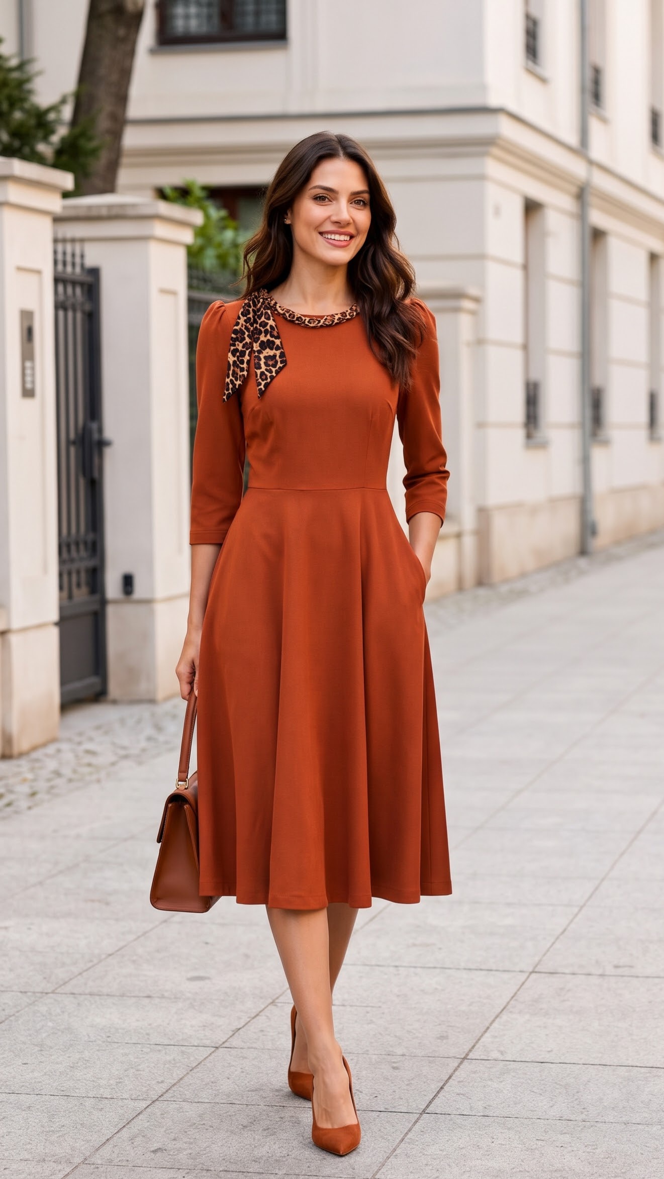 Rochie Midi Cloș din Stofă cu Accesoriu Detașabil 