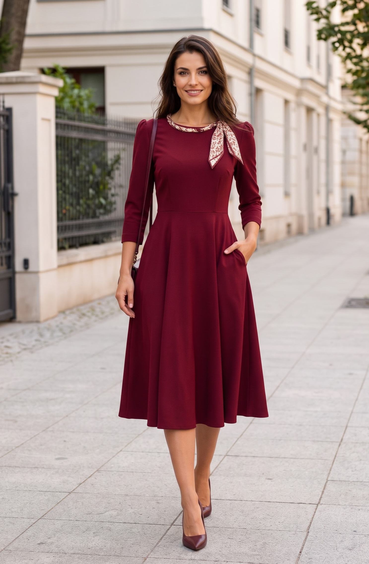 Rochie Midi Cloș din Stofă cu Accesoriu Detașabil–Vișiniu 