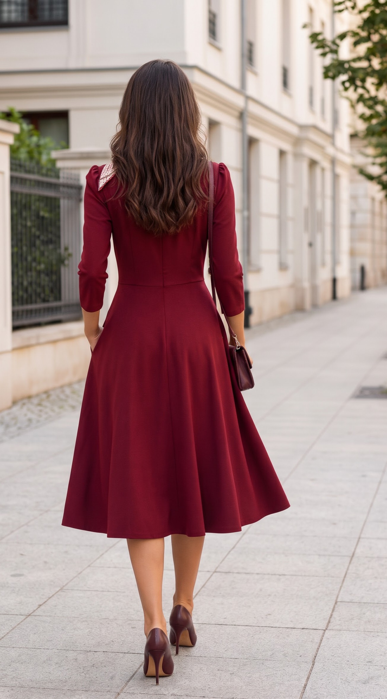 Rochie Midi Cloș din Stofă cu Accesoriu Detașabil–Vișiniu 