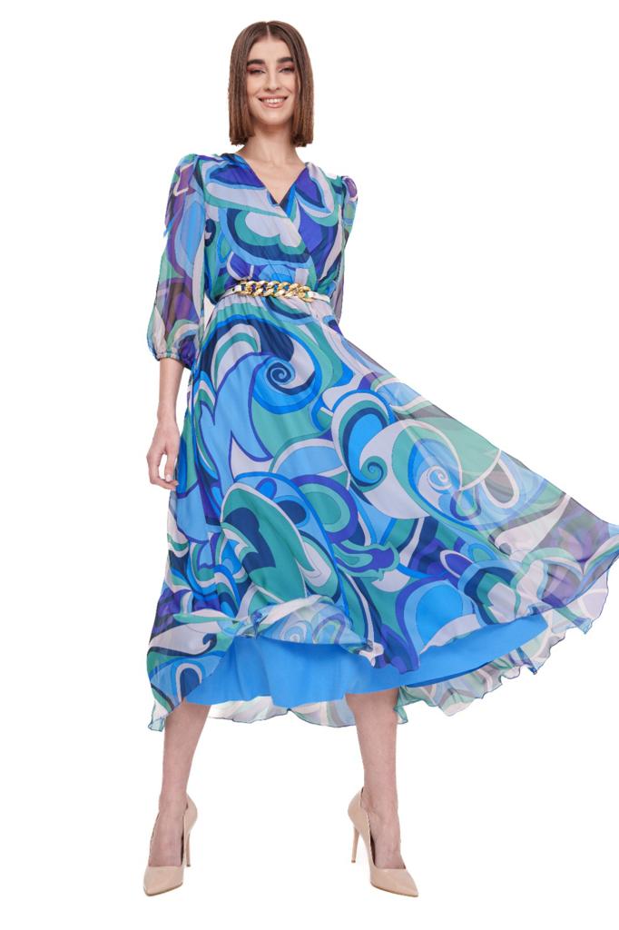 Rochie eleganta in clos din voal imprimat